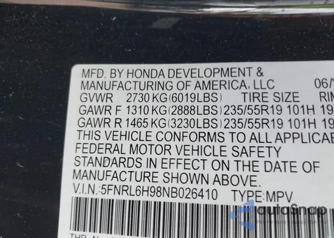 2022 Honda Odyssey Elite from USA, damaged, VIN 5FNRL6H98NB026410